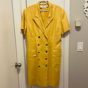 Vintage Pia Rucci Yellow Linen Double Breasted Blazer Dress Rainbow Buttons 14